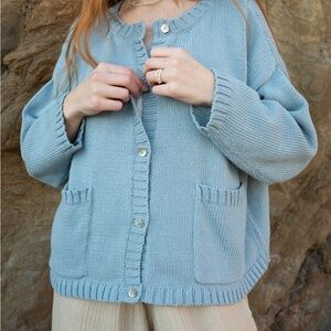 Honest Cotton Louisa Cardigan in Fog (Light Blue)